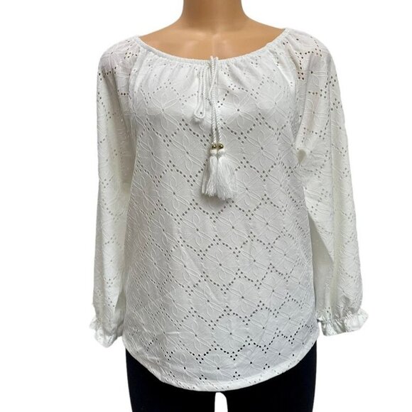 Rafaella Tops - Rafaela Women's Lined Poplin Lace Top With Oval Neck, Long Sleeve New with Tags